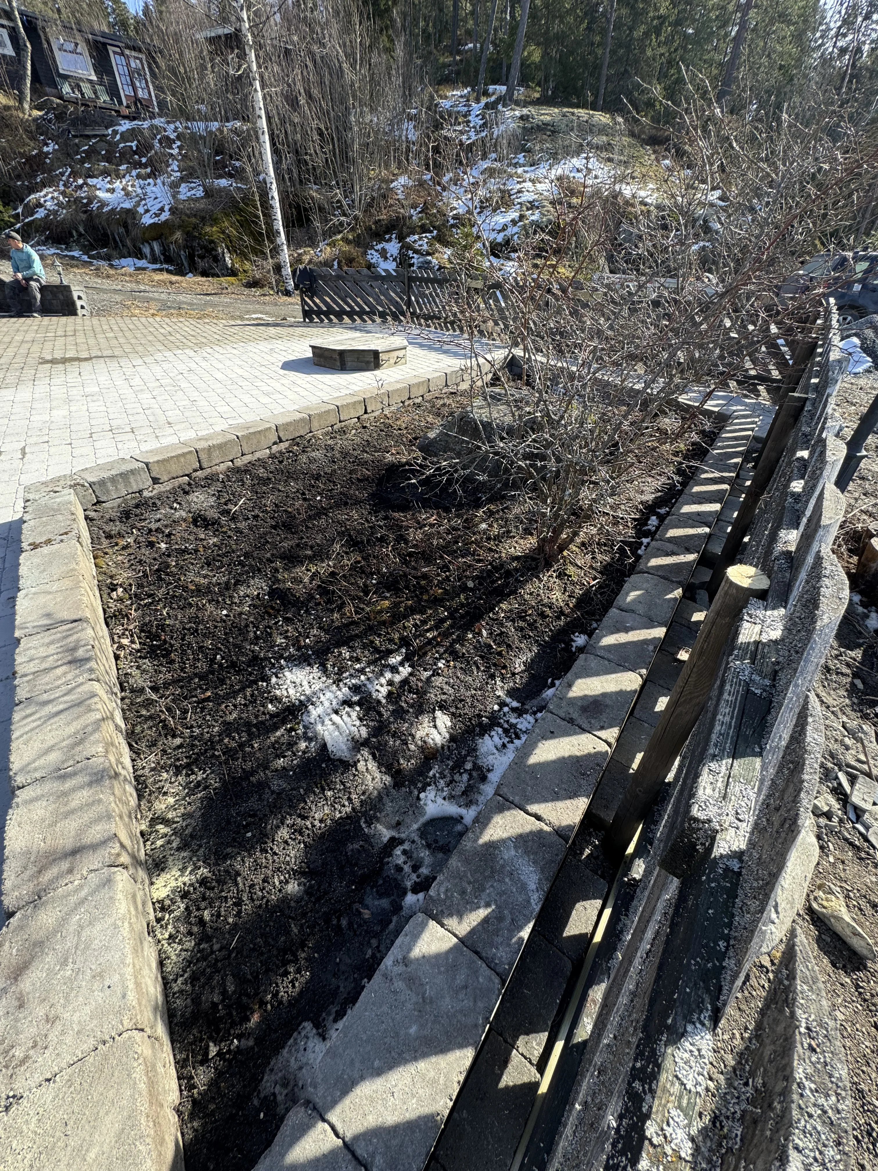 Residential garden with paved terrace and modern railing