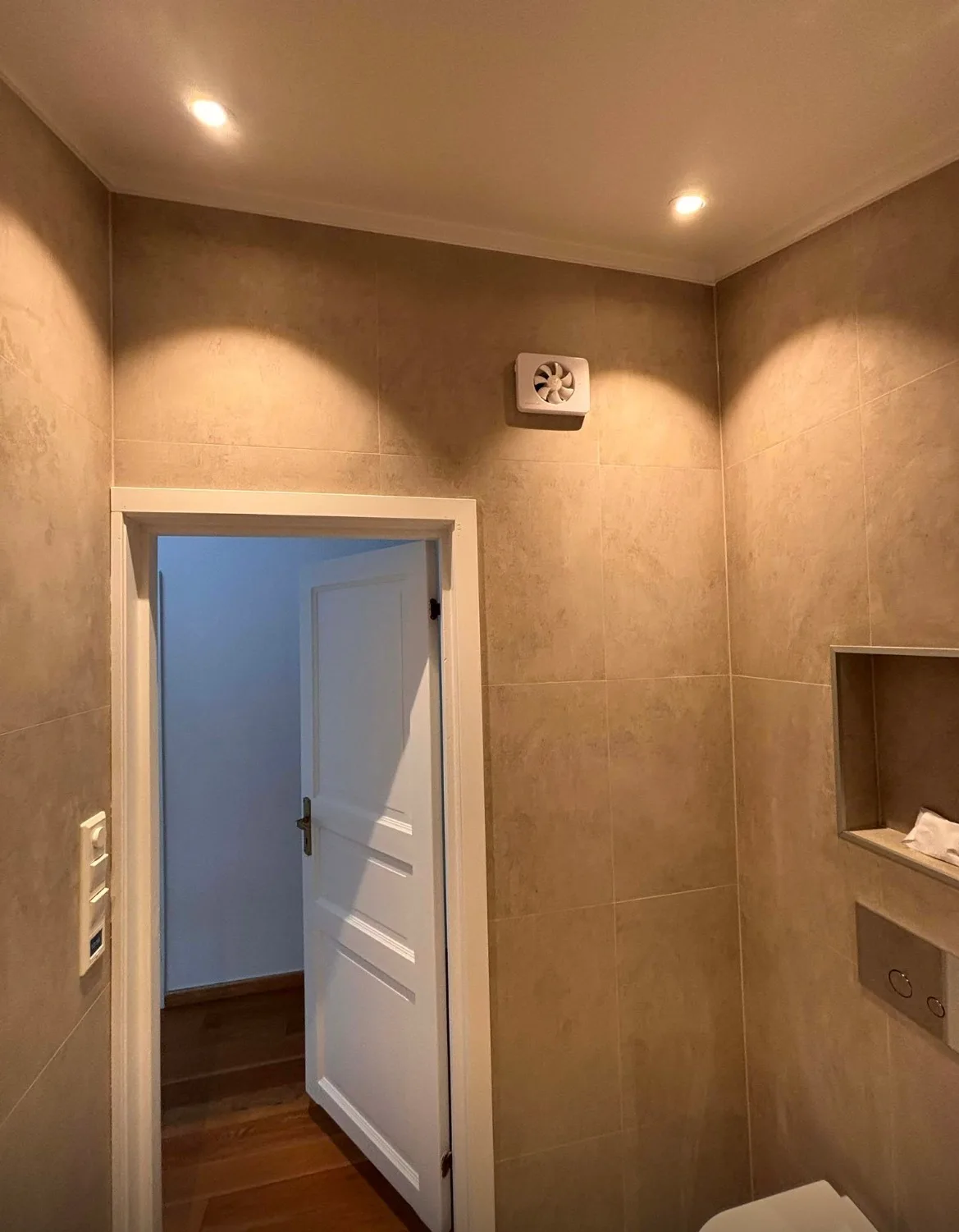 Modern bathroom with beige tile renovation