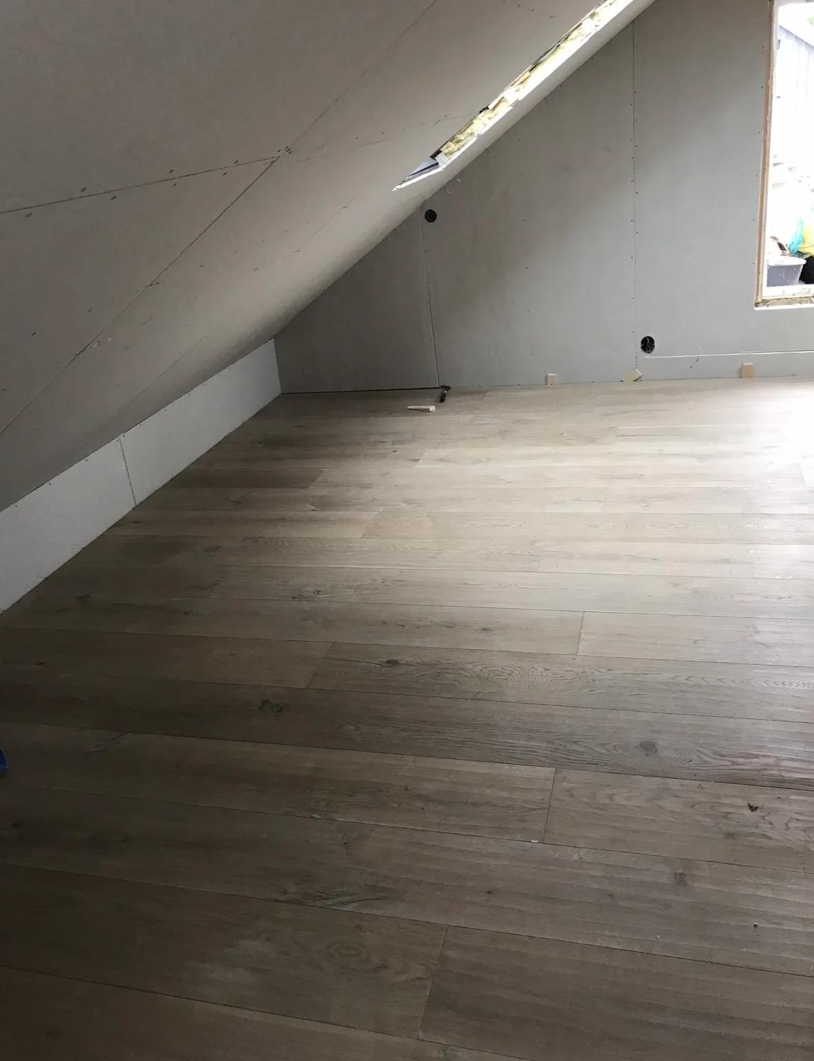 Renovated attic space with hardwood floors and skylights