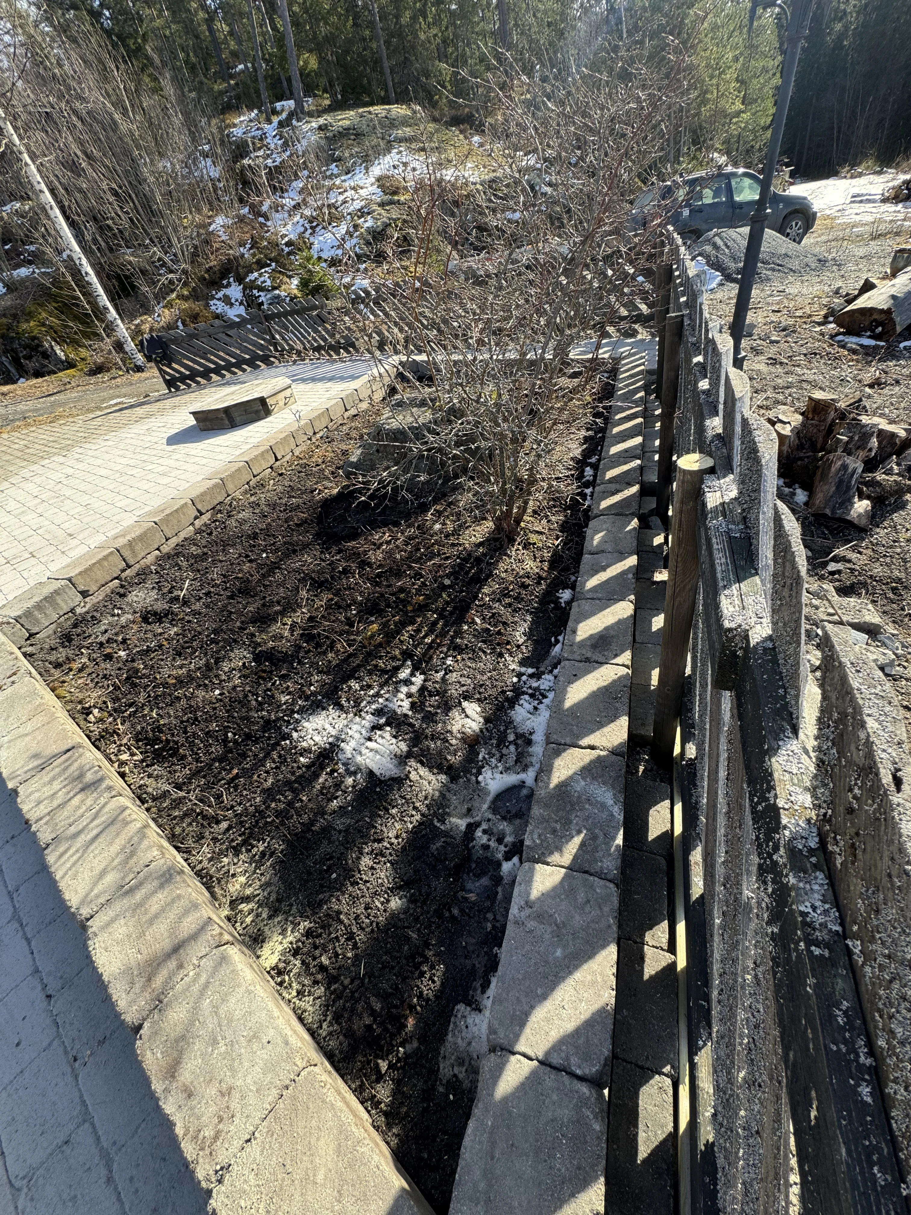 Garden landscape with modern wooden terrace