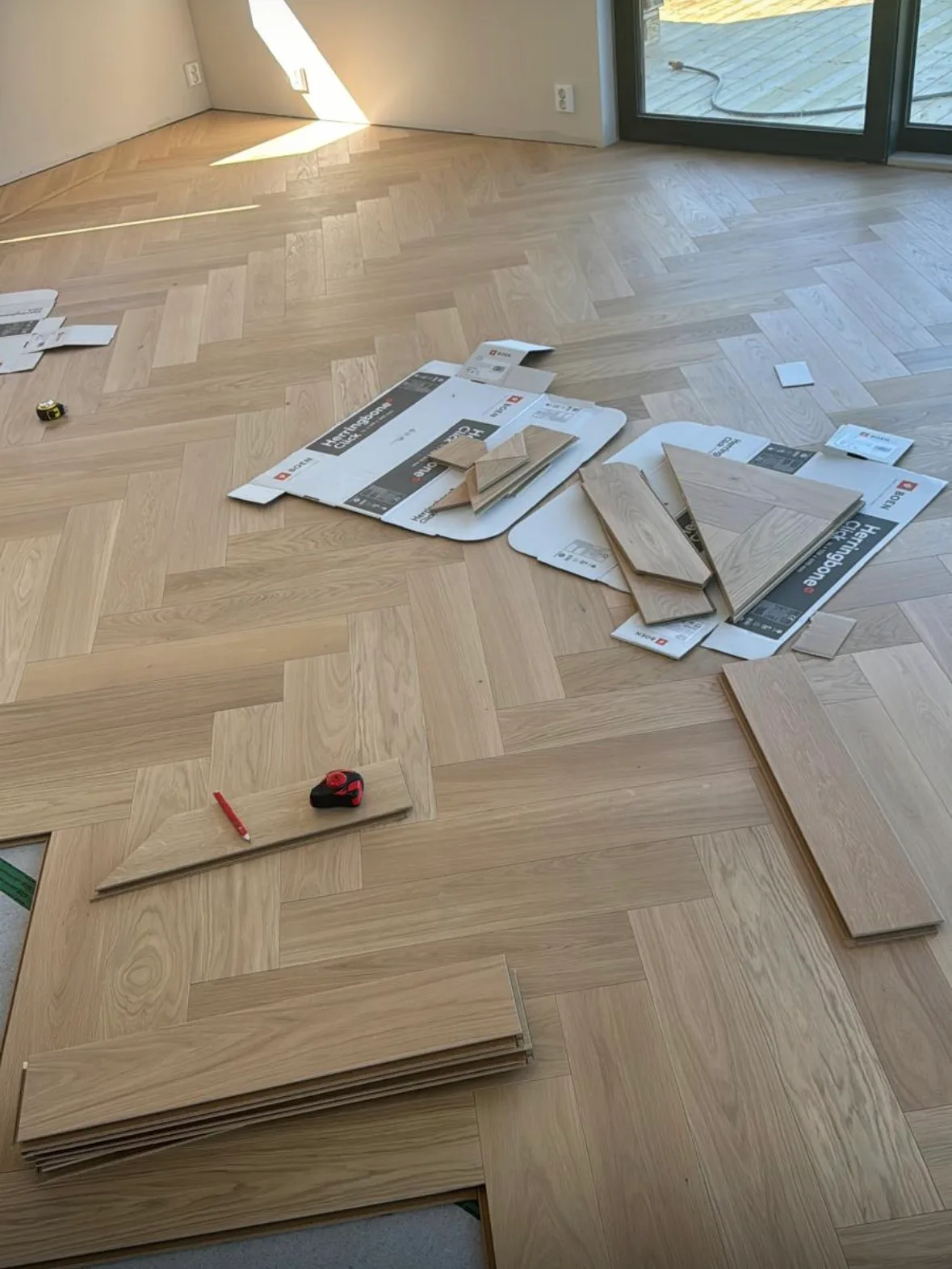 Herringbone parquet flooring installation project