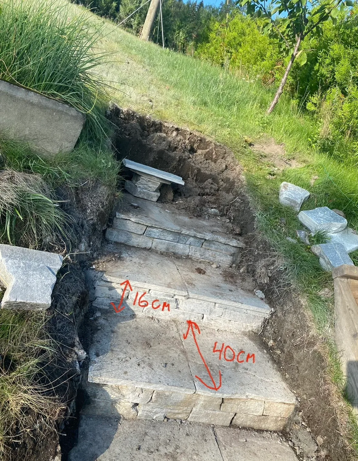 Steinlegging med mål for trapper med underlag av jord