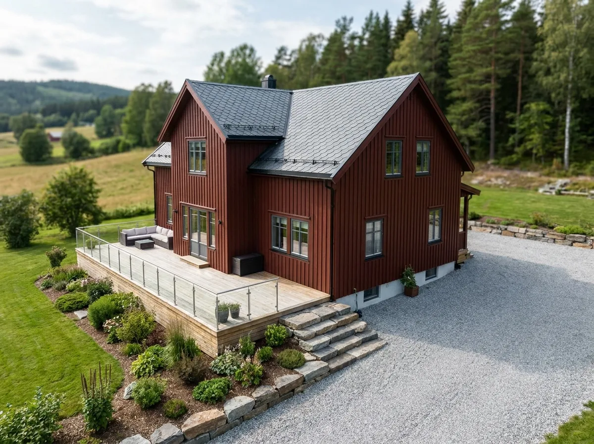 Nyoppusset hus med terrasse og hage i naturskjønt område